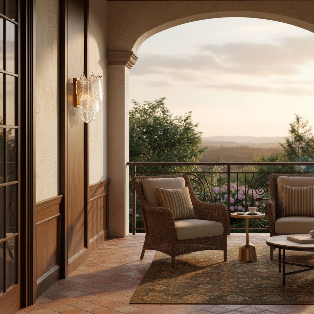 A Clérachic wall light on a panelled wall beside an arched terrace opening, with wicker armchairs and a view across hills.