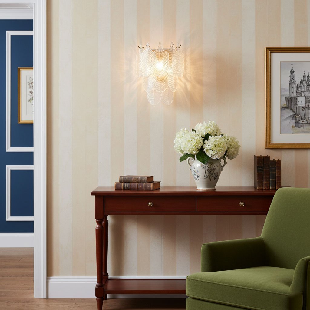 A Clérachic wall light lit on a cream striped wall above a red-brown console with white hydrangeas, a framed print and a green armchair.