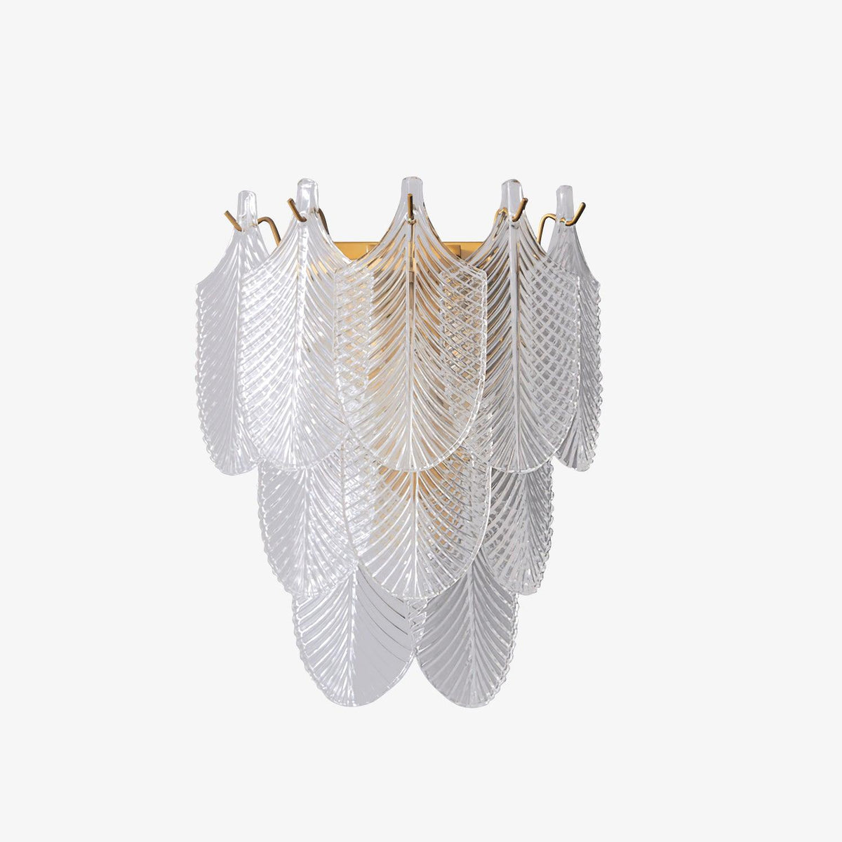 The Clérachic wall light on a pale grey background, its clear glass leaves stacked in three tiers above a brass backplate.