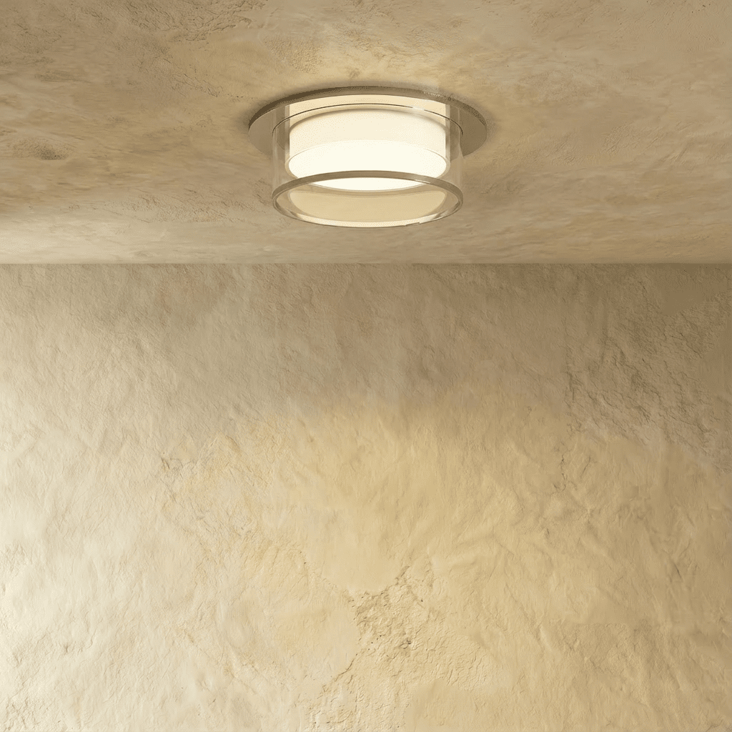 Clérachic ribbed-glass drum ceiling light in a silver finish, shown flush-mounted on a plaster ceiling, unlit.