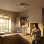 Clérachic ribbed-glass drum ceiling light in silver over a sunlit farmhouse kitchen with a woman holding a mug.
