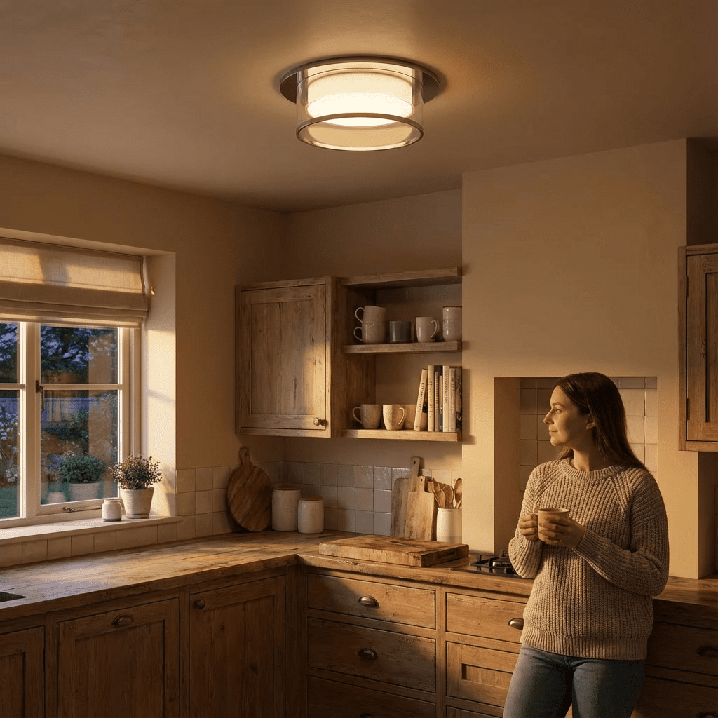 Clérachic ribbed-glass drum ceiling light in silver glowing warm over a rustic wood kitchen at golden hour.