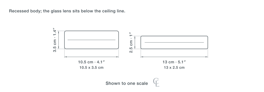 Technical dimension drawing of the Clérachic Glass Lens Downlight for Hallway, Silver or Gold, 13 cm in all 2 sizes — 10.5 × 3.5 cm (4.1 × 1.4″), 13 × 2.5 cm (5.1 × 1″), drawn to one scale.