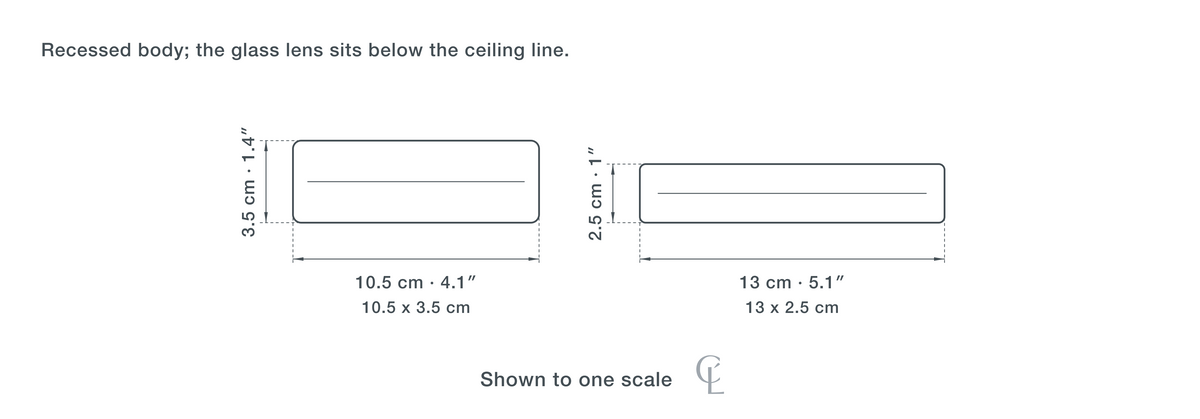 Technical dimension drawing of the Clérachic Glass Lens Downlight for Hallway, Silver or Gold, 13 cm in all 2 sizes — 10.5 × 3.5 cm (4.1 × 1.4″), 13 × 2.5 cm (5.1 × 1″), drawn to one scale.