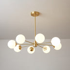 Wide, flat arrangement of lit glass orbs on a brass hub, this Clérachic chandelier hanging from a long drop rod.