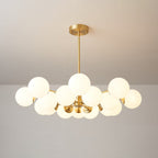 Dense Clérachic chandelier with many lit frosted orbs around a brass hub, seen from slightly below.