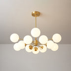 Clérachic chandelier lit with one orb on top and others fanned out below, on a soft beige-grey backdrop.