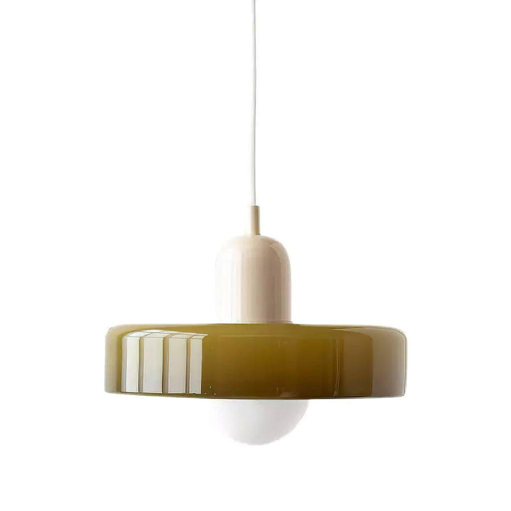 An olive-green disc with a beige cap and a white cord, shown with its frosted globe on a plain white backdrop, from Clérachic.
