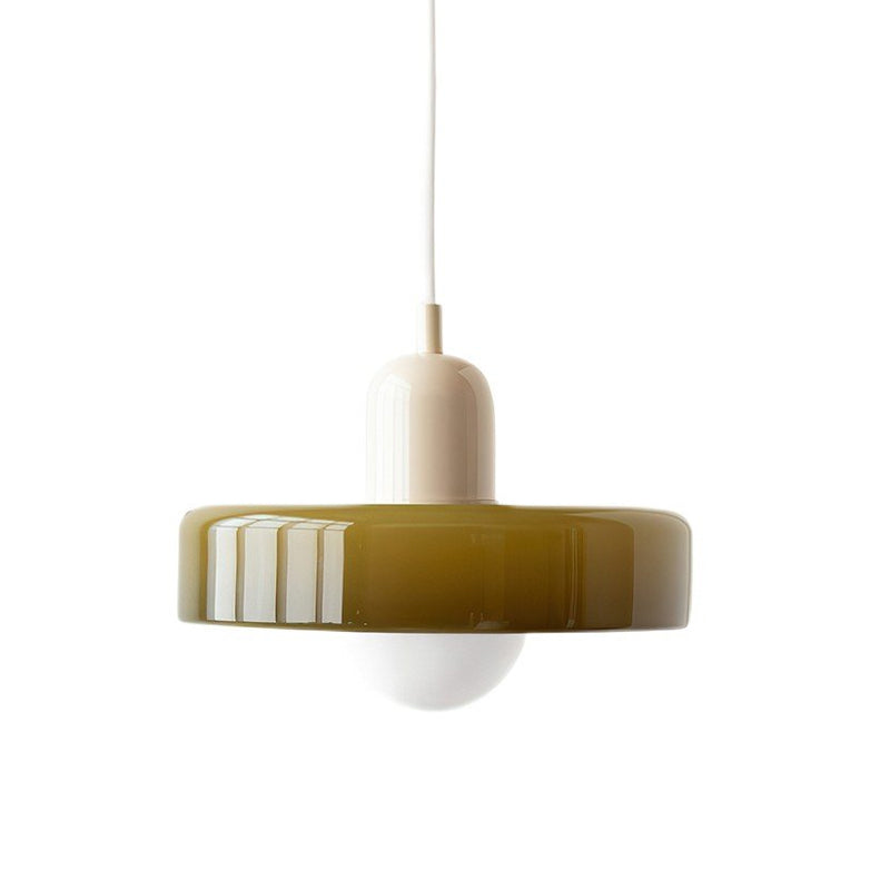 Studio view of an olive-green disc pendant with a beige cap and frosted globe, on a plain white backdrop, from Clérachic.