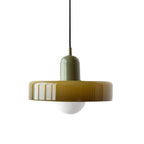 Studio view of an olive-green disc with a green cap and a black cord, with a frosted globe under it, from Clérachic.