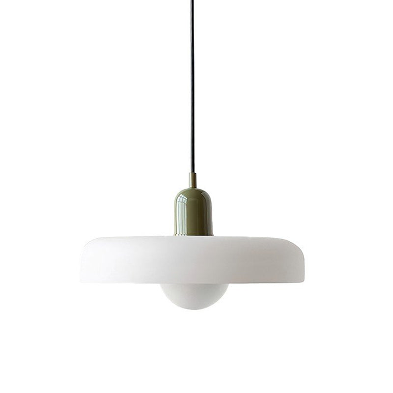 White disc pendant with a green cap and a black cord, a frosted globe beneath, on a plain white backdrop, from Clérachic.