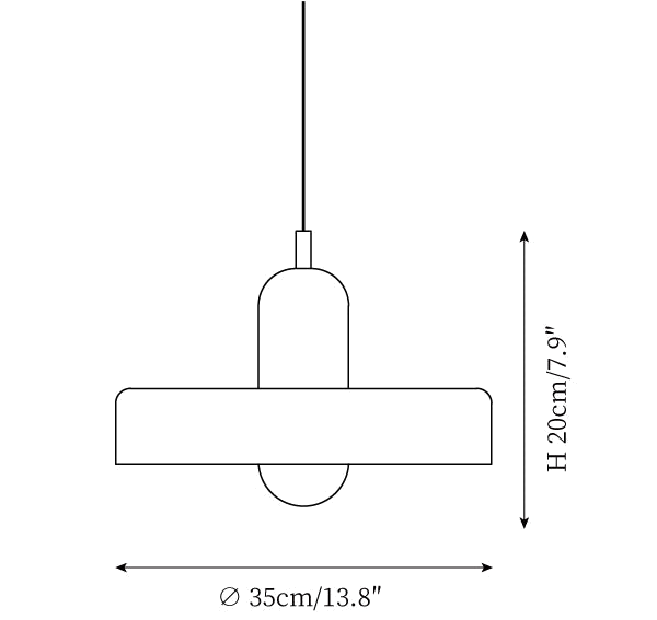 Clérachic pendant light dimension drawing, every measurement marked in centimetres and inches.