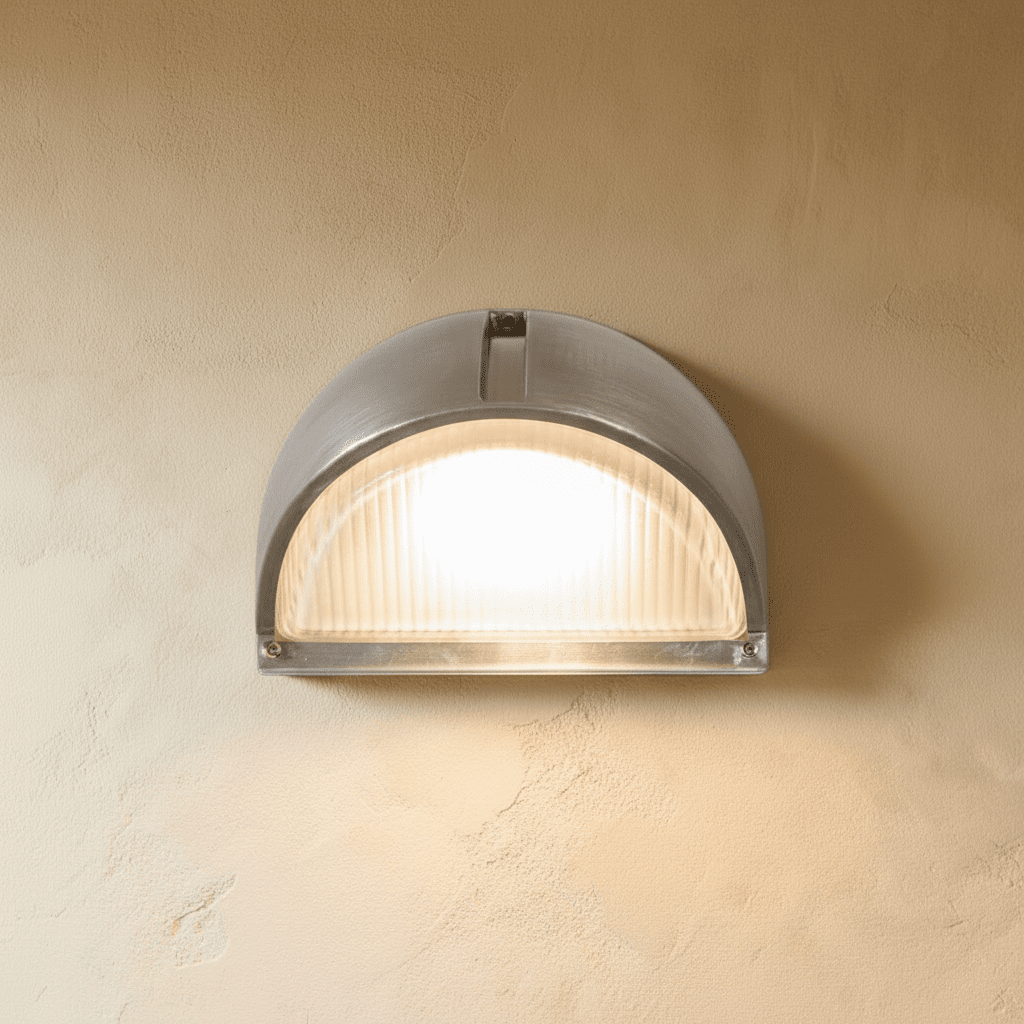 Clérachic half-dome aluminium wall lamp with a ribbed glass diffuser, glowing warm against a sandy limewash wall.