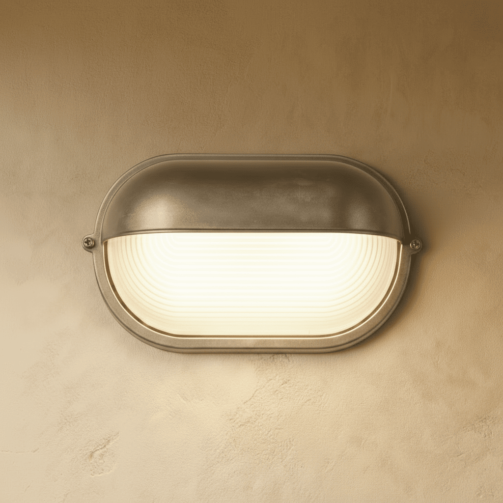 Clérachic oval wall lamp in a satin silver metal finish with a hooded top and concentric-ribbed glass, lit warm on a limewash wall.