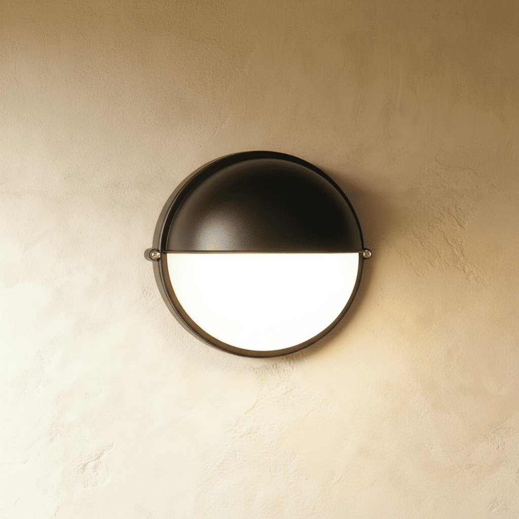 Clérachic round black wall lamp with a domed hood over an opal glass lens, lit white against a warm limewash wall.