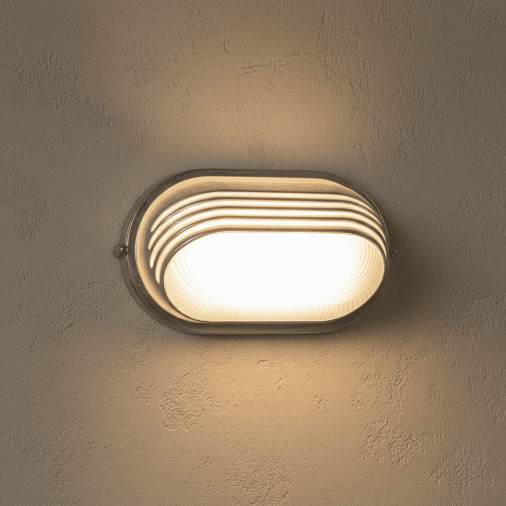 Clérachic white oval wall lamp with louvred slats over a frosted lens, lit warm on a rough plastered wall.