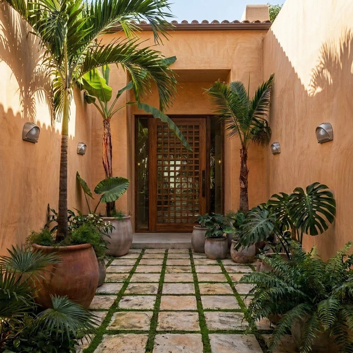 Clérachic half-dome wall lamps along terracotta courtyard walls, leading to a carved timber door among palms and potted plants.