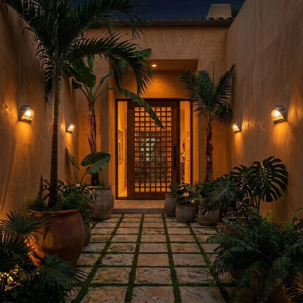 Clérachic half-dome wall lamps glowing amber at dusk along a terracotta courtyard wall, with palms and a lattice timber door.