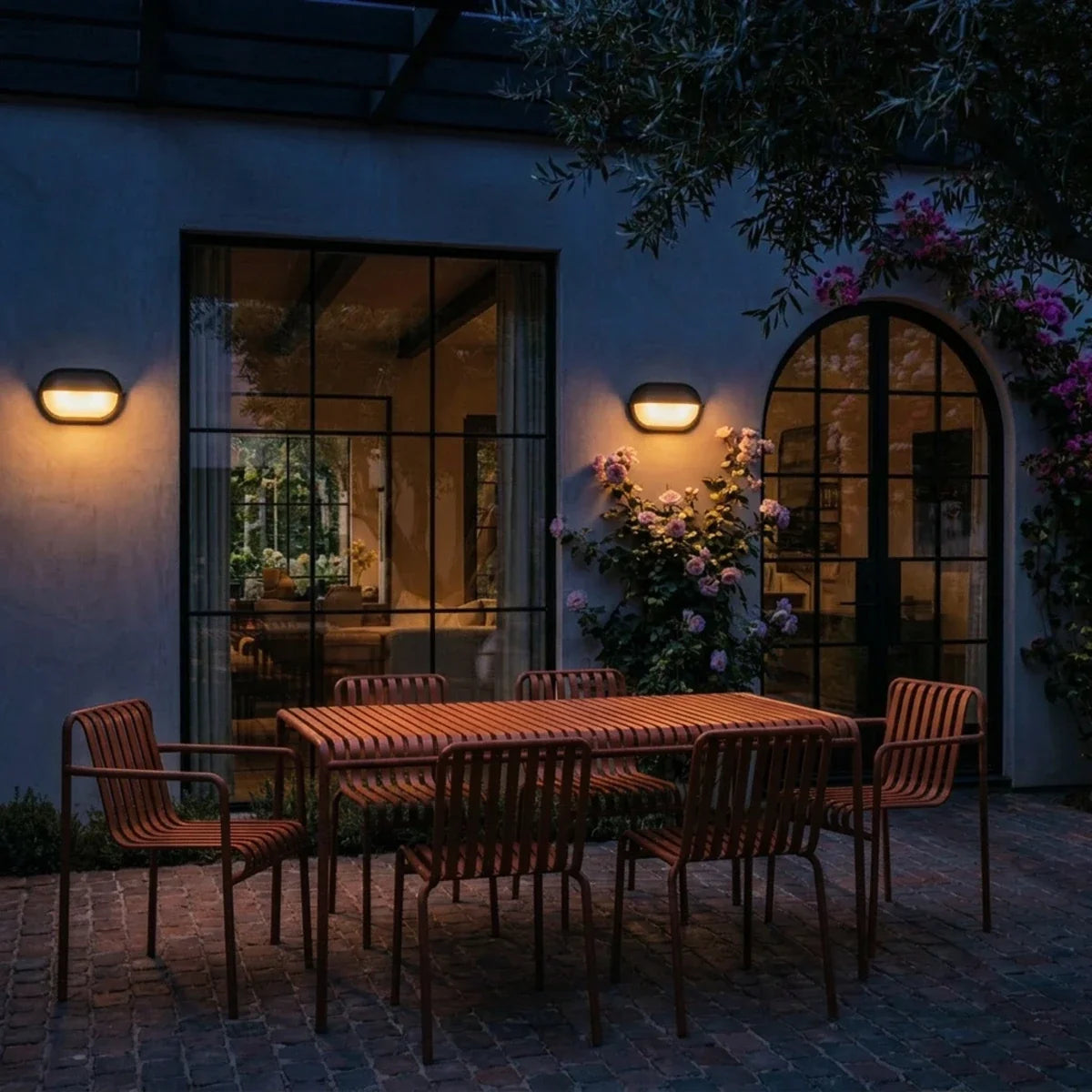 Clérachic oval wall lamps glowing amber at dusk on a patio wall, with a terracotta dining set below and roses beside an arched door.
