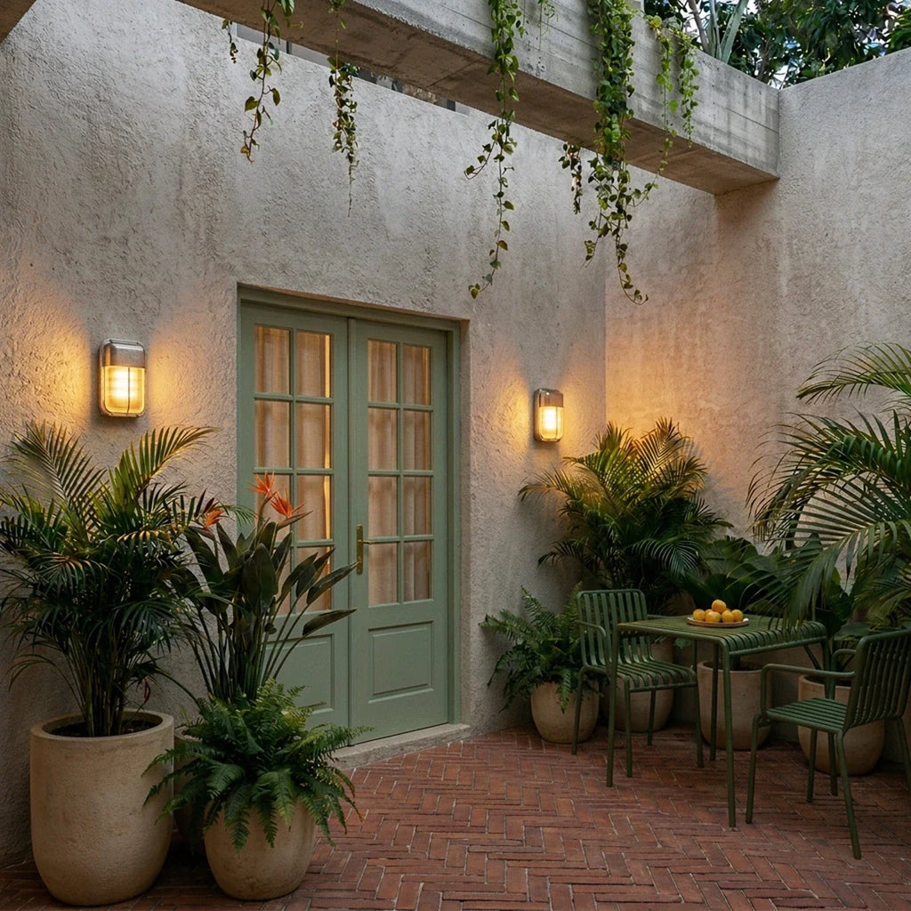 Clérachic upright wall lamps lit amber at dusk beside a sage green French door, with palms, ferns and a small bistro table.