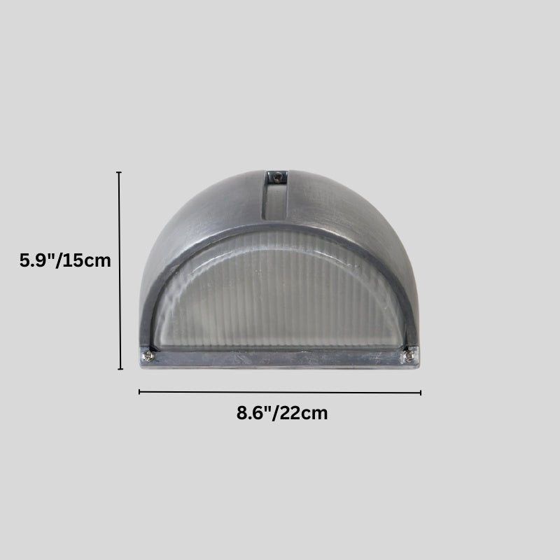 Clérachic half-dome aluminium wall lamp on a grey background, drawn with its height and width marked in cm and inches.