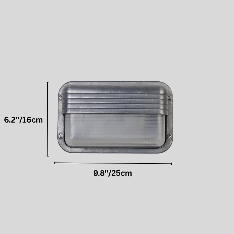 Clérachic landscape galvanised wall lamp with a ridged hood and frosted panel, on a grey backdrop with height and width marked.