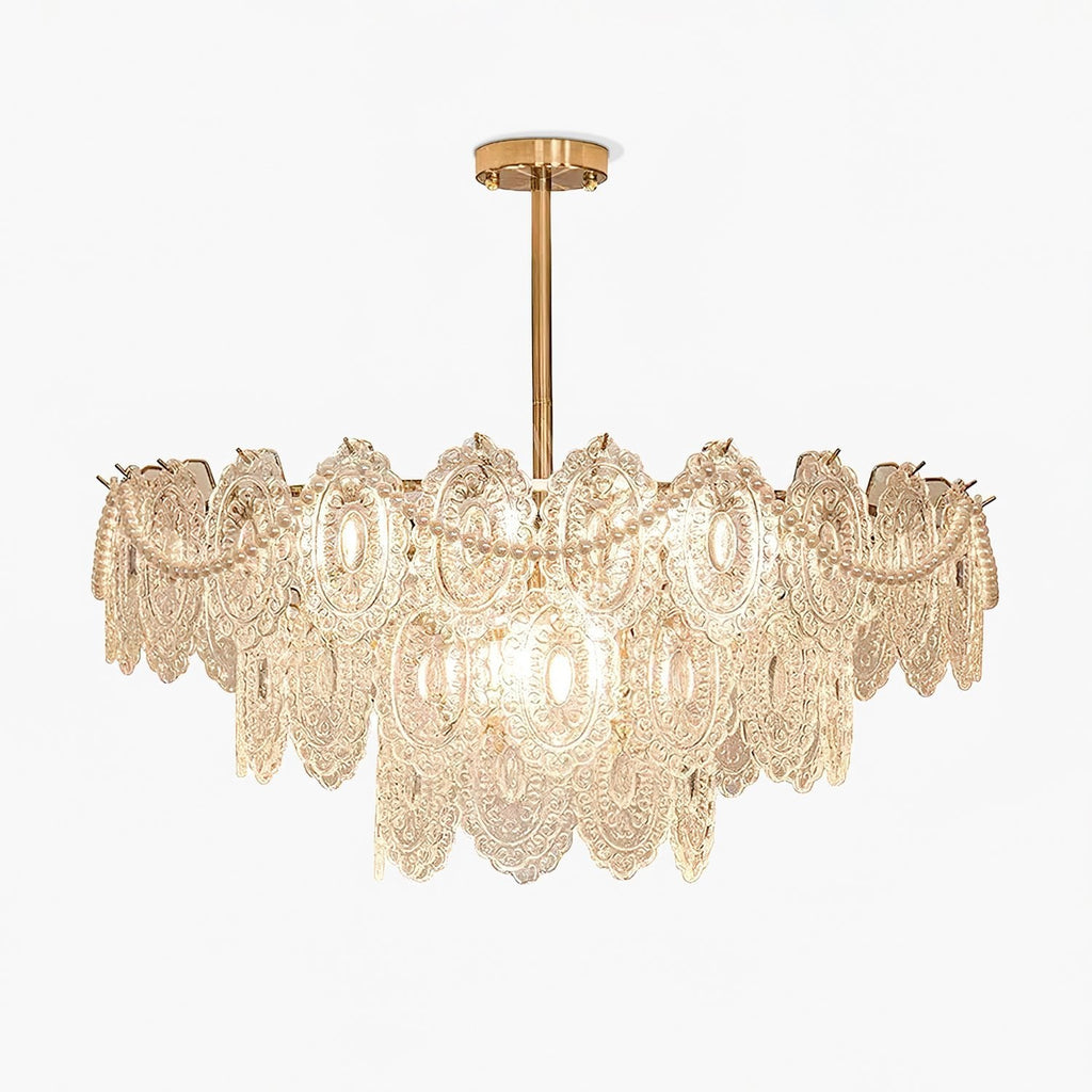 This Clérachic chandelier with tiers of patterned glass and pearl beads, seen straight on against a white background.