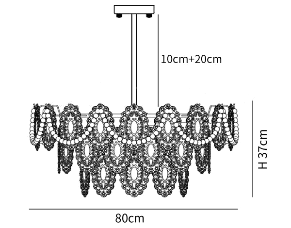 Dimension drawing of this Clérachic chandelier at 80 cm wide and 37 cm tall, with its rod length marked.