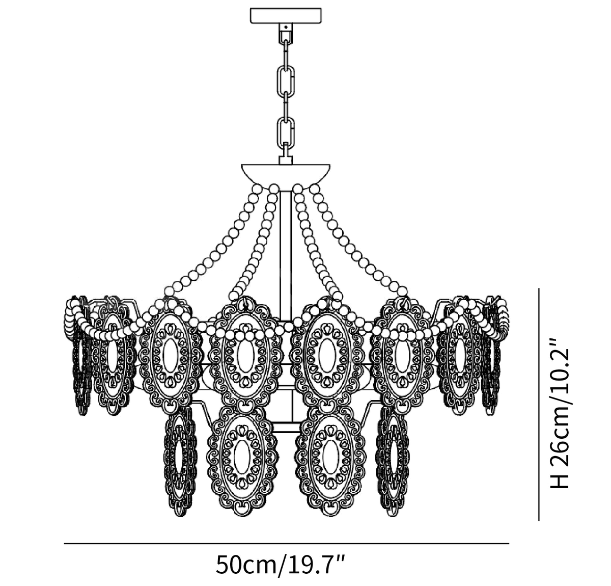 Clérachic pendant light dimension drawing, 1 of 5, every measurement marked in centimetres and inches.