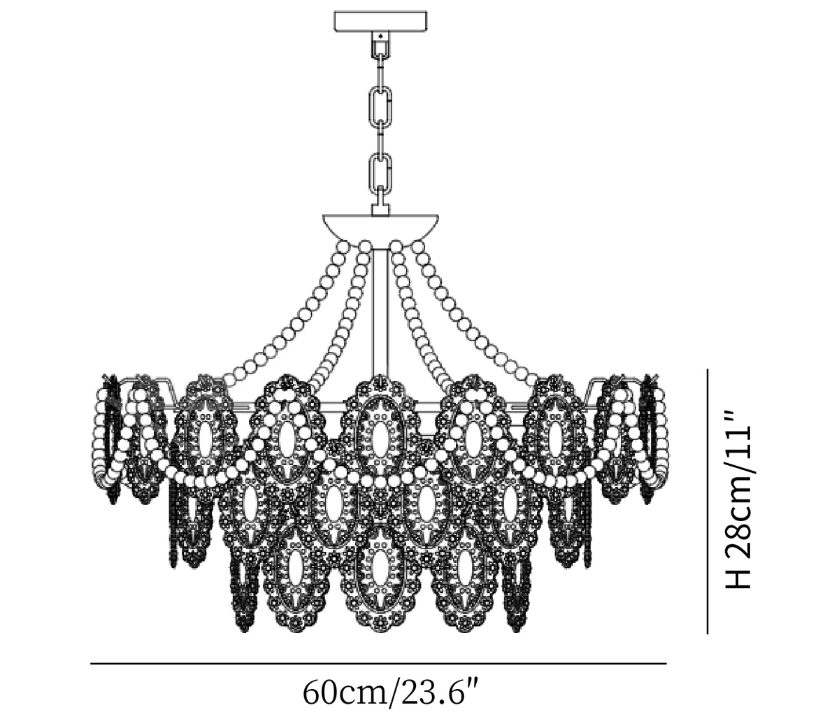 Clérachic pendant light dimension drawing, 2 of 5, every measurement marked in centimetres and inches.