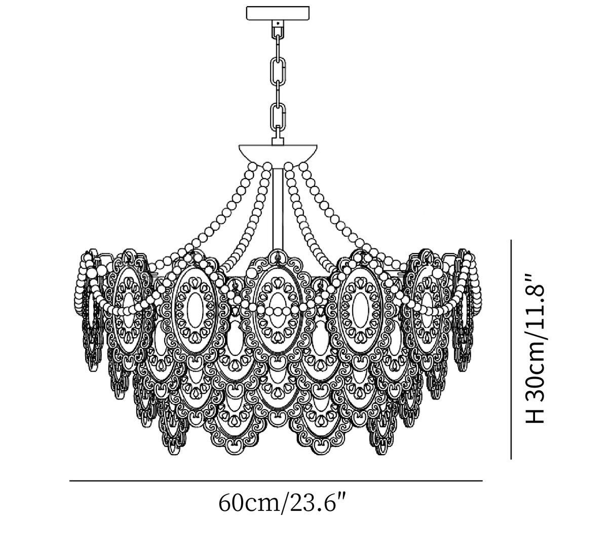Clérachic pendant light dimension drawing, 3 of 5, every measurement marked in centimetres and inches.