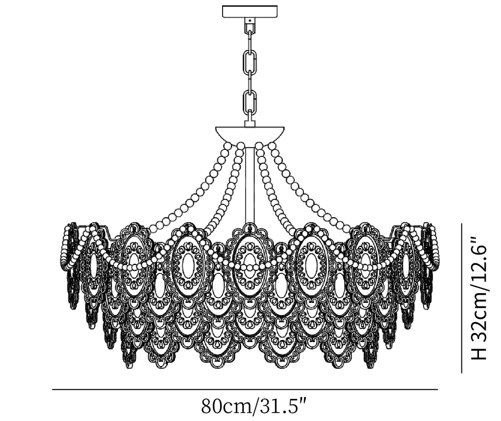 Clérachic pendant light dimension drawing, 4 of 5, every measurement marked in centimetres and inches.