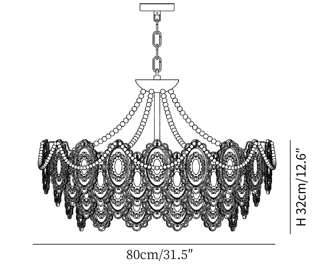 Clérachic pendant light dimension drawing, 4 of 5, every measurement marked in centimetres and inches.
