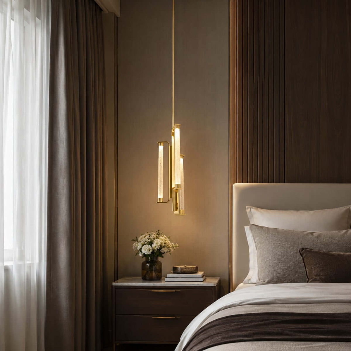 A Clérachic brass pendant lit warm beside a bed with a pale headboard, in front of a dark wood panel and a grey curtain.