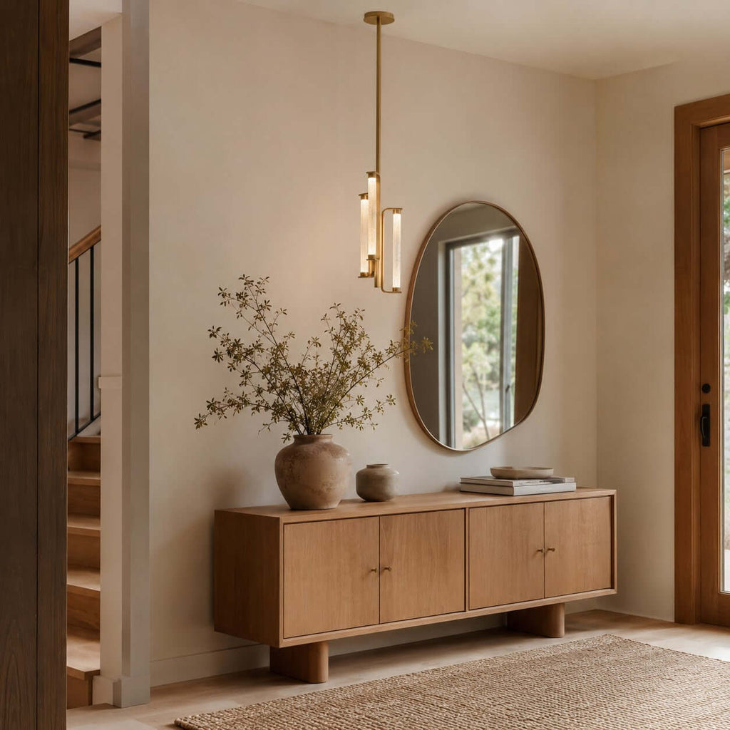Beside a rounded mirror and a pale wood sideboard, a Clérachic brass pendant lights an entrance hall with a vase of dried stems.