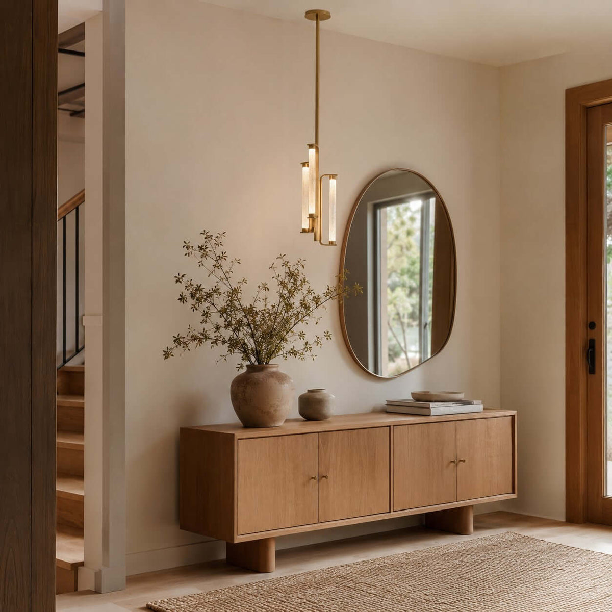 Beside a rounded mirror and a pale wood sideboard, a Clérachic brass pendant lights an entrance hall with a vase of dried stems.
