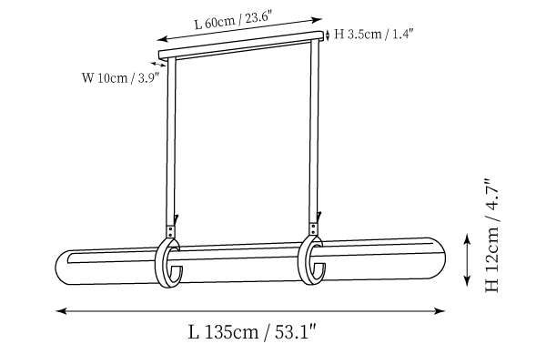 Clérachic light dimension drawing, every measurement marked in centimetres and inches, on a plain white ground.