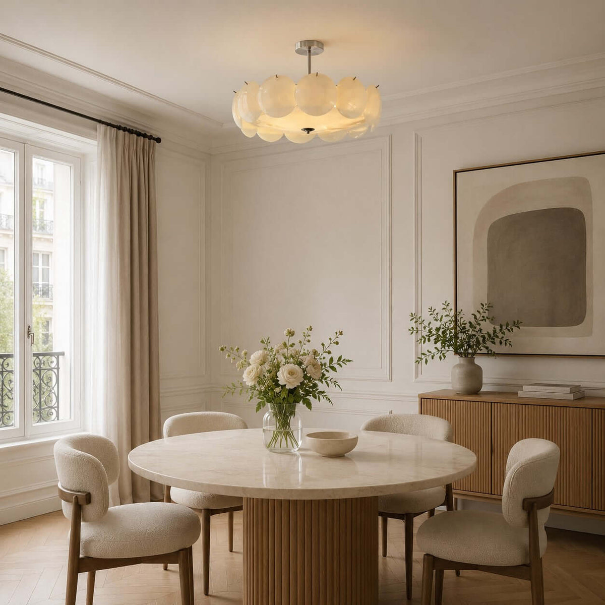 Clérachic pendant with a chrome stem above a round marble dining table, with boucle chairs and a tall window to one side.
