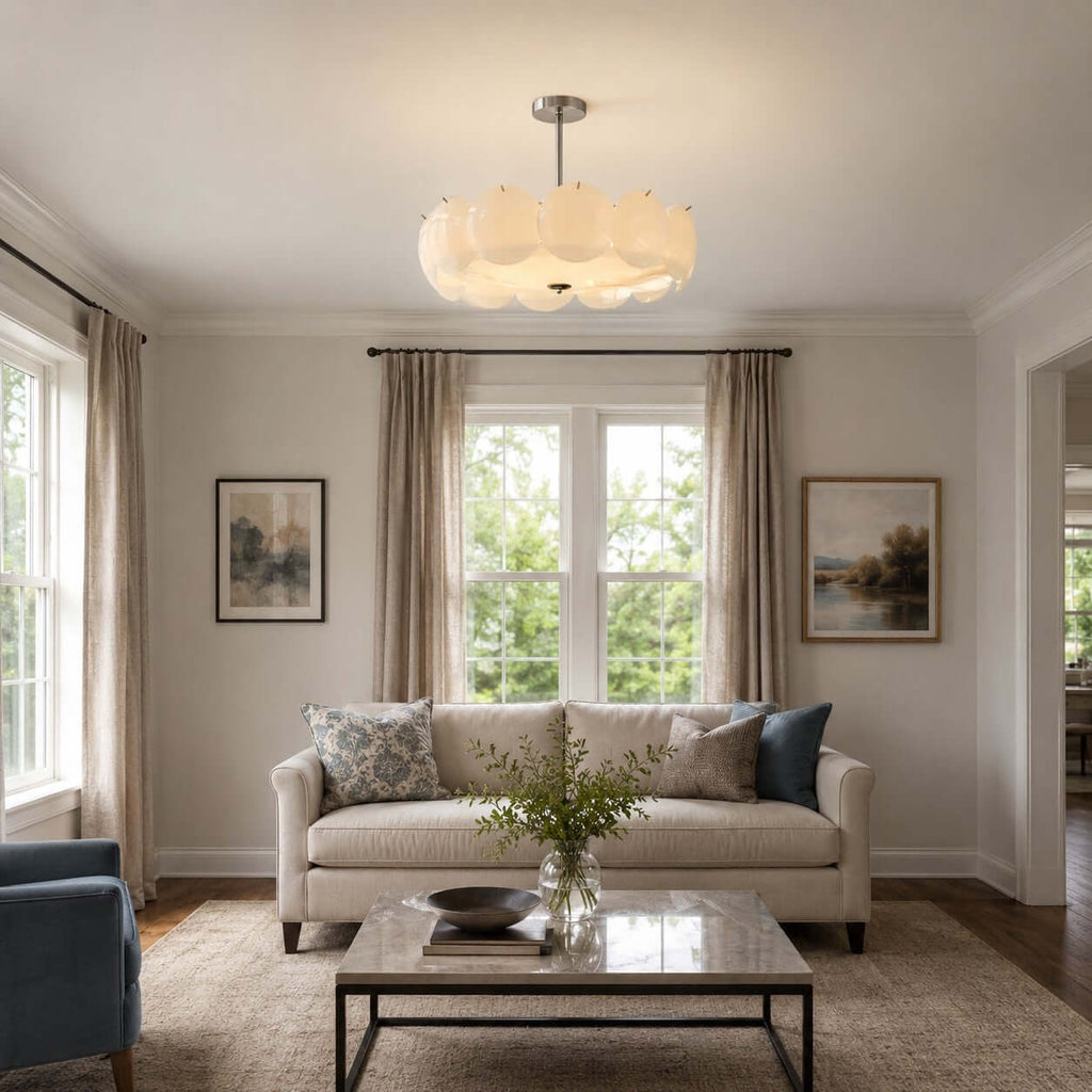 Clérachic pendant with a chrome stem above a living room with a linen sofa, a glass coffee table and two framed prints.
