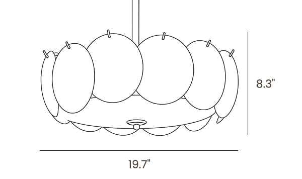 Dimension drawing of this Clérachic pendant, with its height and width marked.