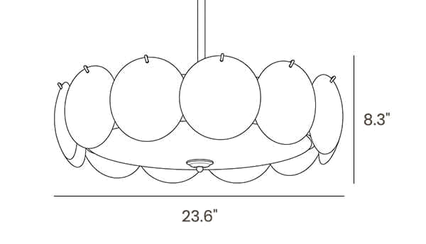 Dimension drawing of this larger Clérachic pendant, with its height and width marked.