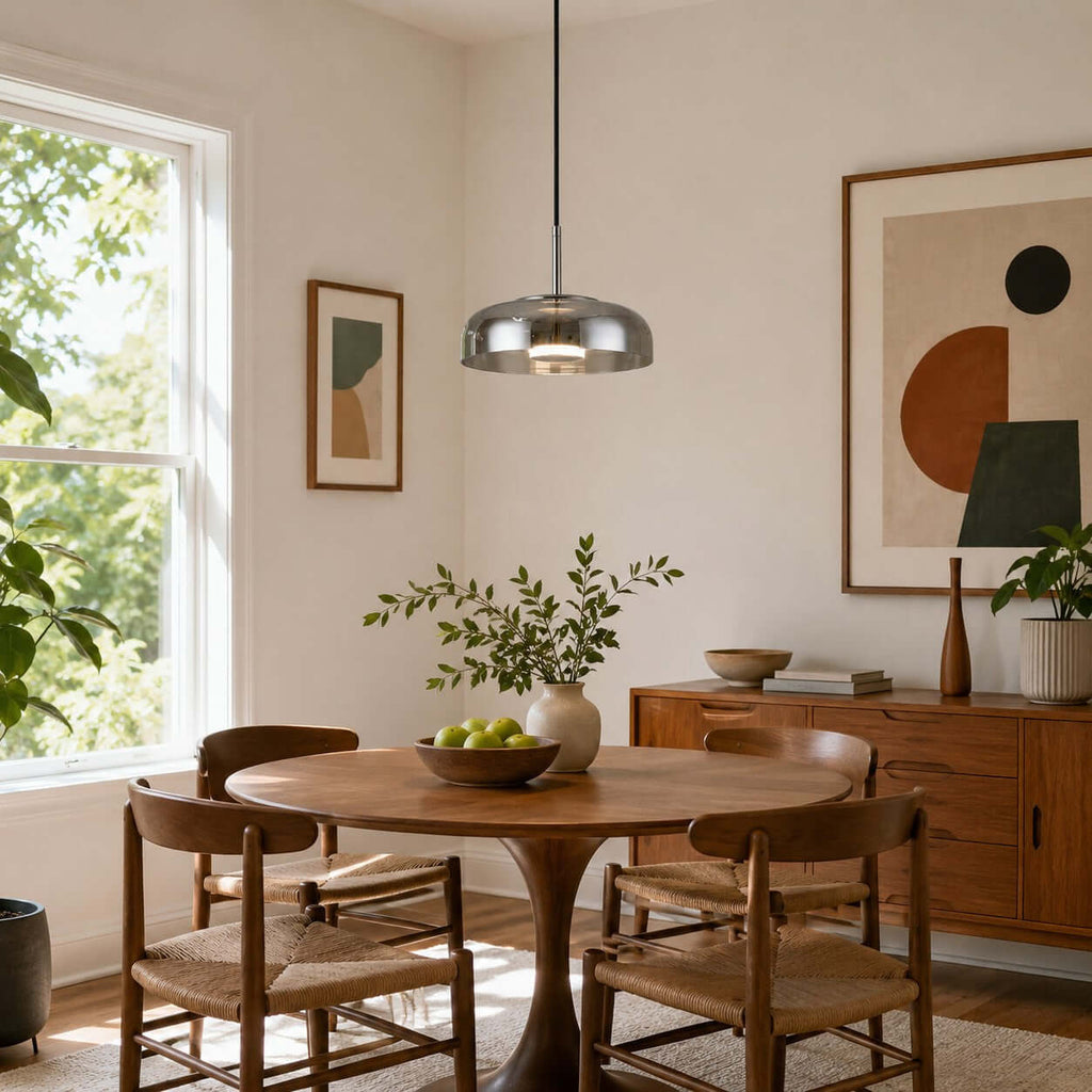 Smoke grey glass Clérachic pendant light over a round wooden dining table, with a window, a sideboard and woven chairs.