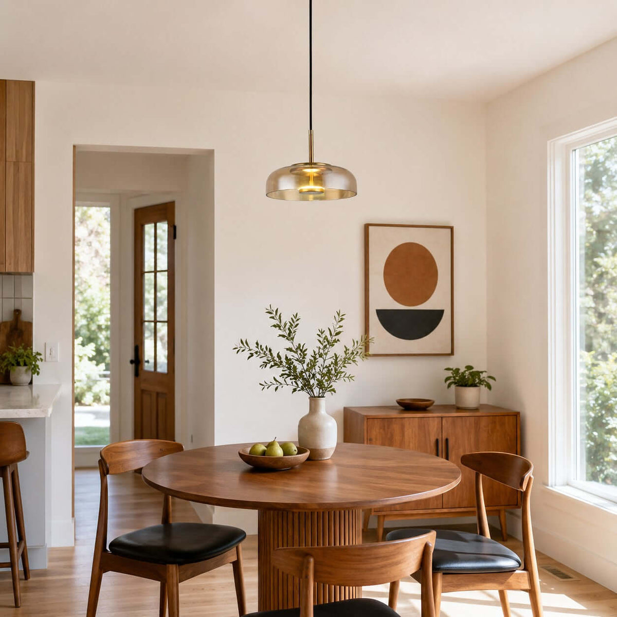 Amber glass Clérachic pendant light above a round table in a dining nook, with a sideboard and an abstract print behind it.