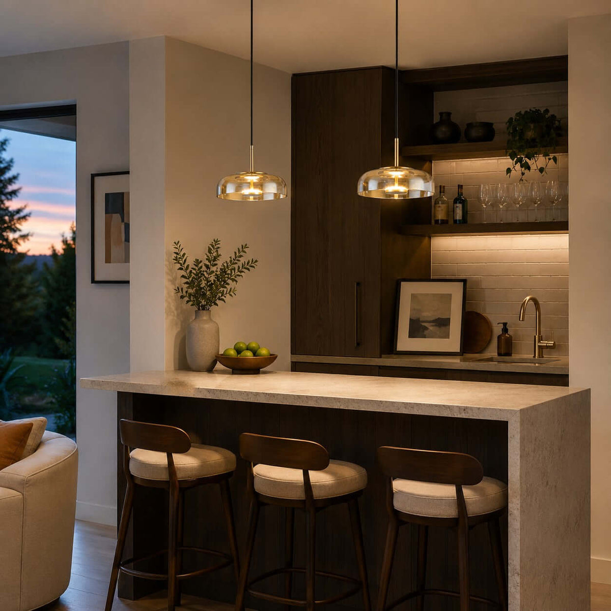 Two lit amber glass Clérachic pendant lights above a home bar counter, with open shelves and glasses lit from below.