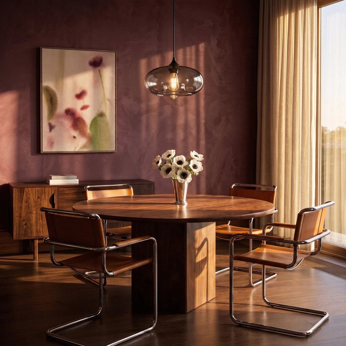 Clérachic smoked-glass pendant light hung low over a round walnut dining table with chrome chairs and a plum plaster wall.
