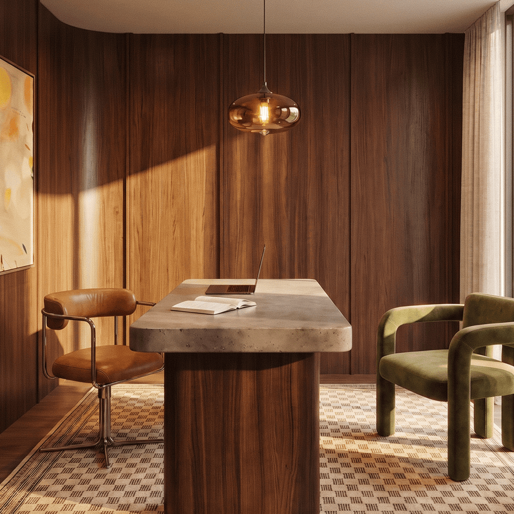 Clérachic amber glass pendant light glowing over a stone-topped desk in a walnut-panelled study with a leather chair.