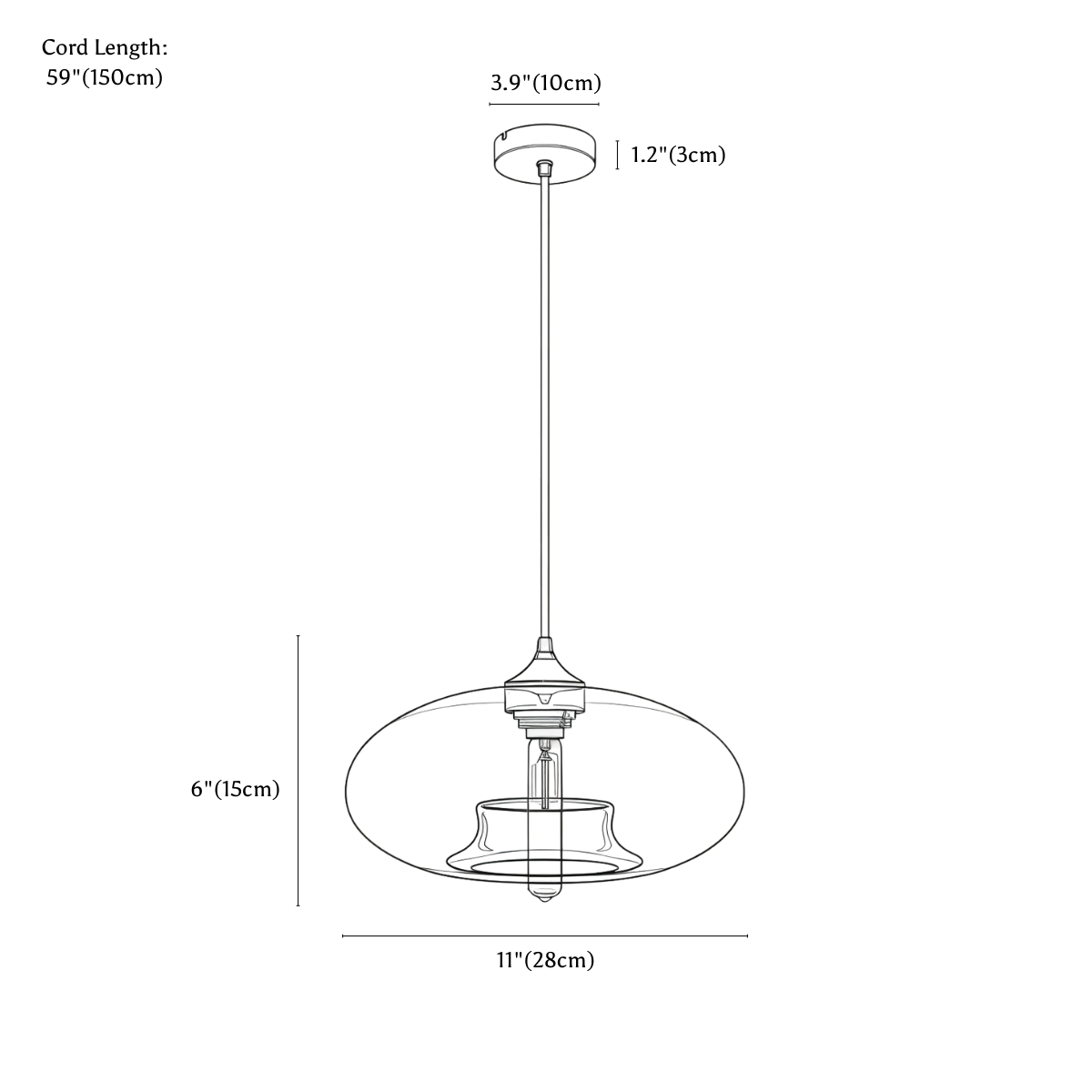 Clérachic pendant light dimension drawing, every measurement marked in centimetres and inches.