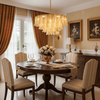 Above a round wooden dining table set with glasses and cream roses, a Clérachic leaf-glass pendant glows warm amber.