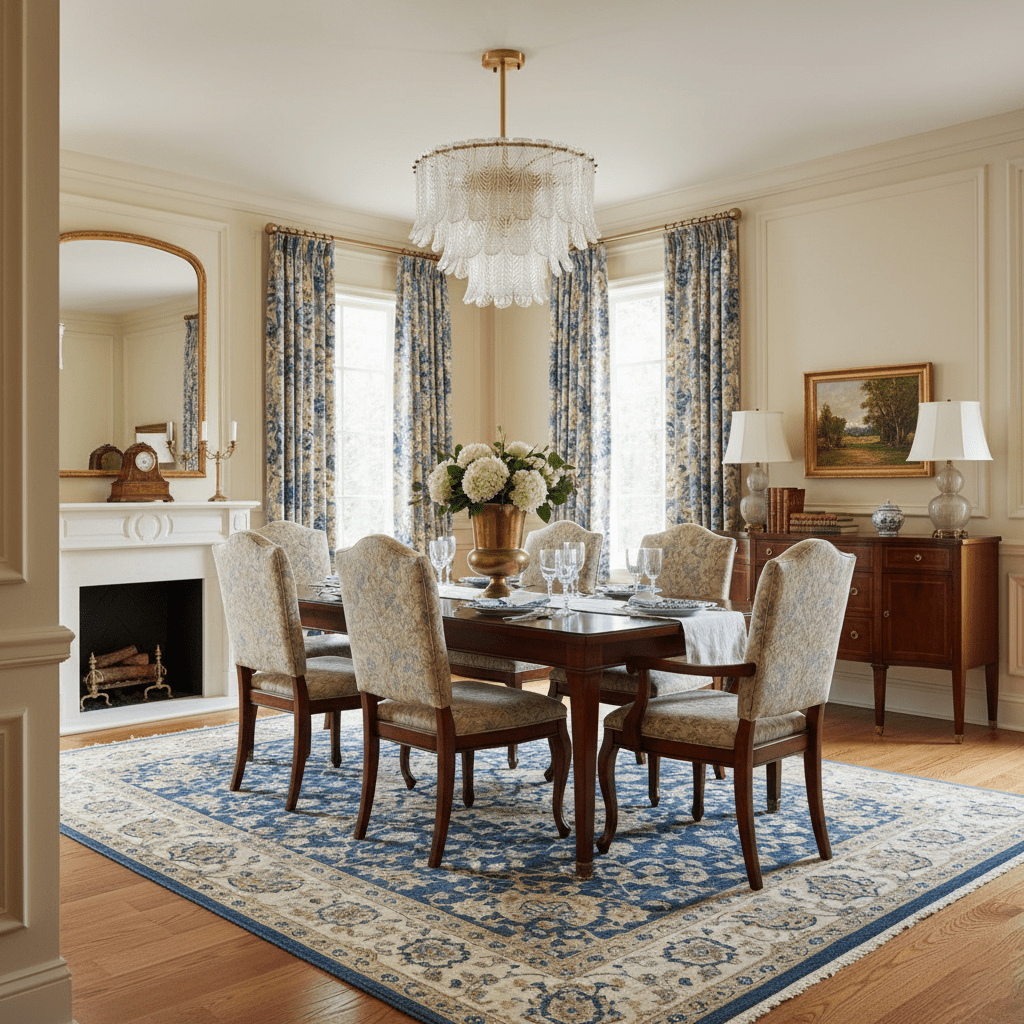 A Clérachic pendant of pale glass leaves hangs in a panelled dining room, over a long table and a blue patterned rug.