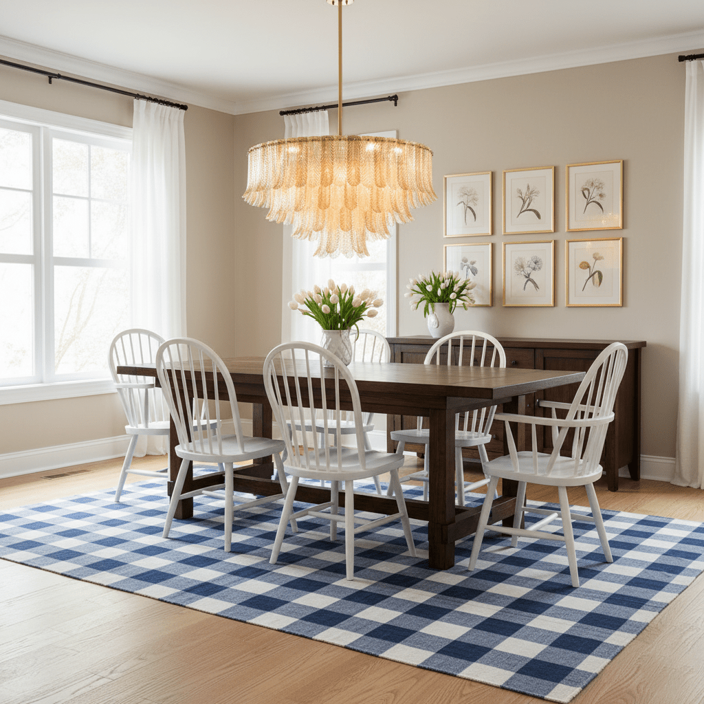 Over a dark wooden table with white spindle chairs, a Clérachic amber glass leaf pendant lights a beige dining room.